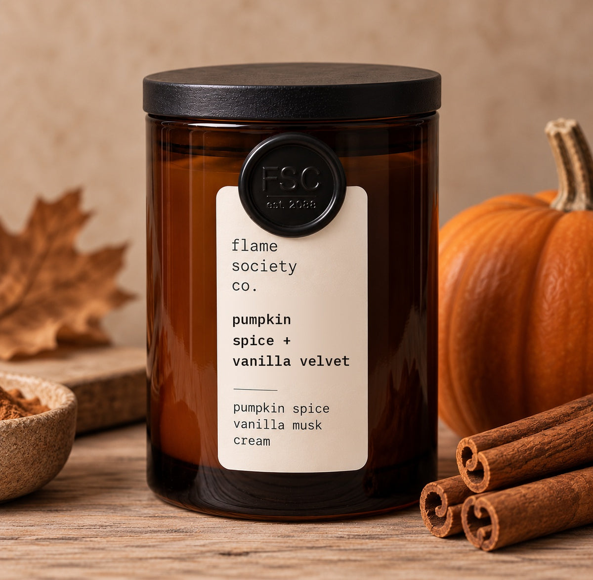 Pumpkin Spice + Vanilla Velvet 10oz amber jar candle with black wood lid - Flame Society Co.