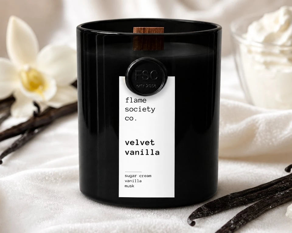 A black scented candle jar with a white label reading 'flame society co. velvet vanilla' sits on draped white fabric, surrounded by vanilla beans, a white orchid flower, and a small bowl of whipped cream.