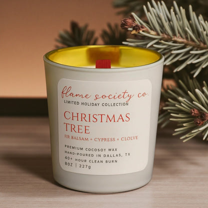 Christmas Tree Holiday Candle: 8oz White/Gold Vessel with Red Wooden Wick, 4oz Wax Melts & Mini Candles