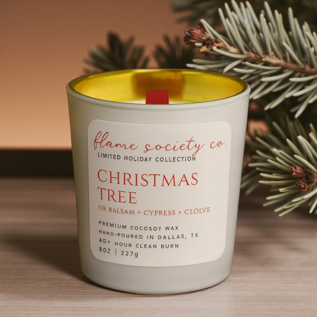 Christmas Tree Holiday Candle: 8oz White/Gold Vessel with Red Wooden Wick, 4oz Wax Melts & Mini Candles