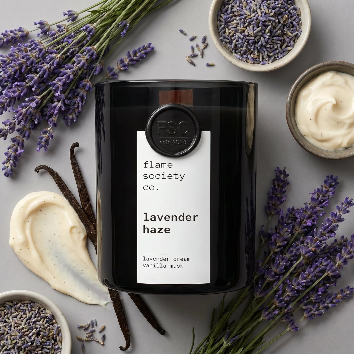 Lavender Haze candle — creamy lavender and vanilla musk — Flame Society Co.