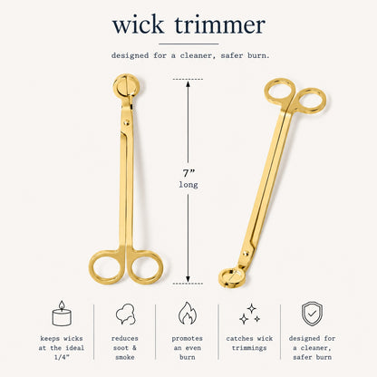Gold wick trimmer infographic - designed for a cleaner, safer burn - 7 inches long