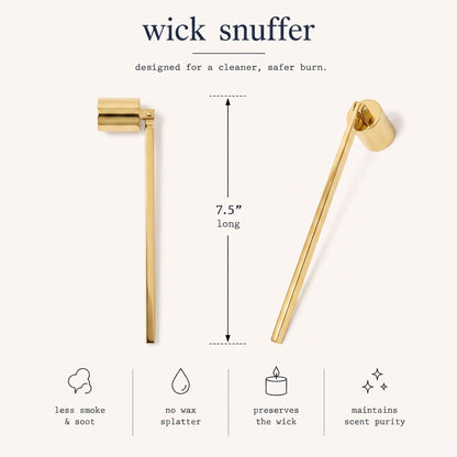 Gold wick snuffer infographic - designed for a cleaner, safer burn - 7.5 inches long