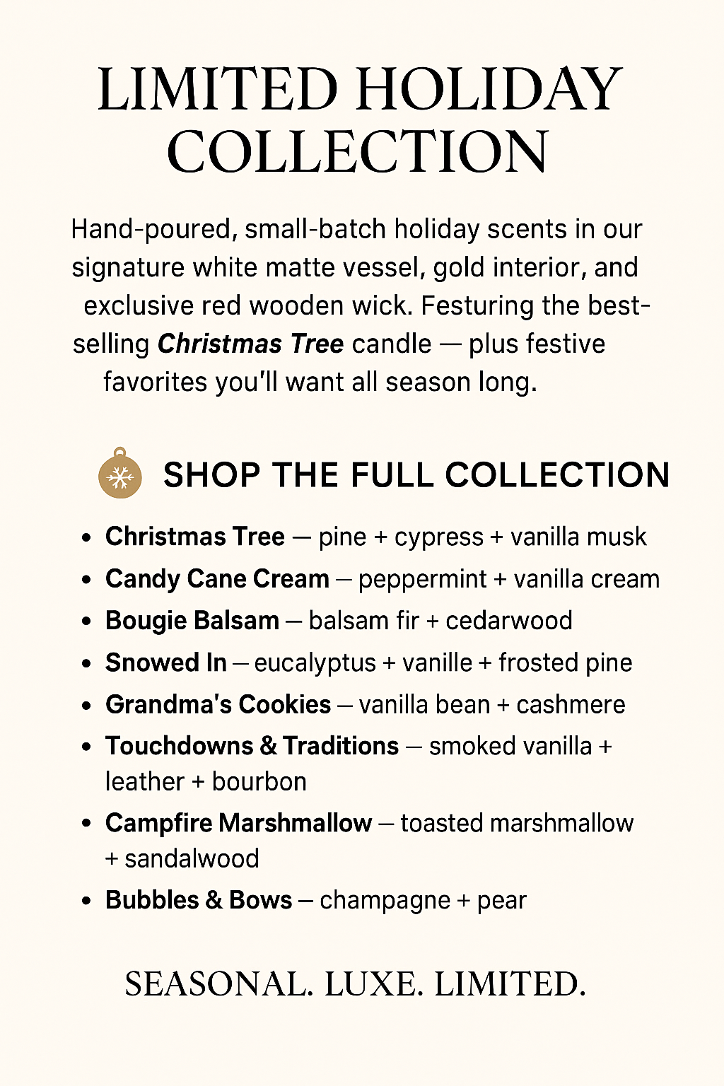 Christmas Tree Holiday Candle: 8oz White/Gold Vessel with Red Wooden Wick, 4oz Wax Melts & Mini Candles