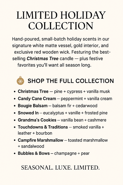 Christmas Tree Holiday Candle: 8oz White/Gold Vessel with Red Wooden Wick, 4oz Wax Melts & Mini Candles