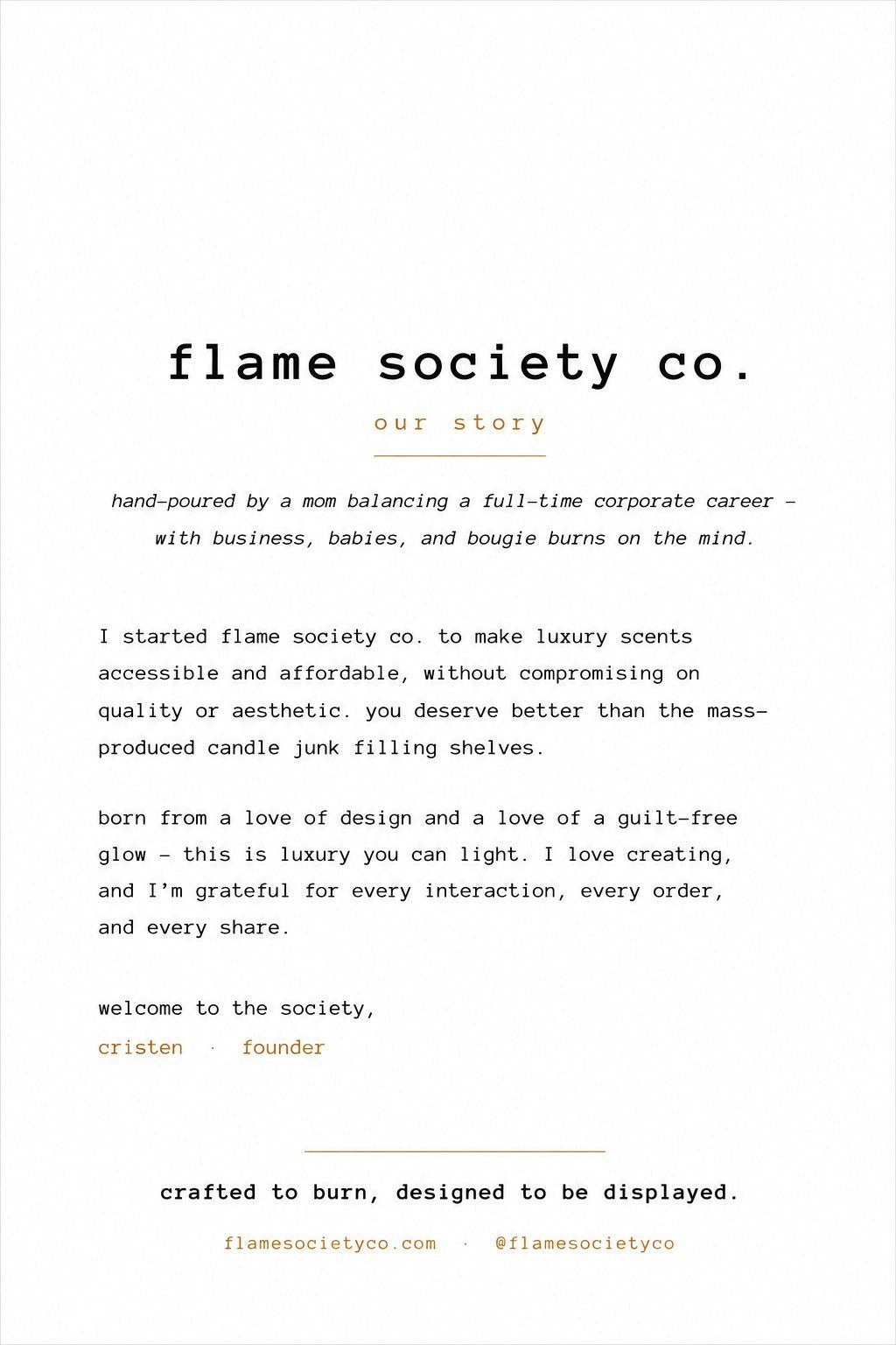 Flame Society Co. brand story page featuring minimalist typography on a white background detailing their mission.
