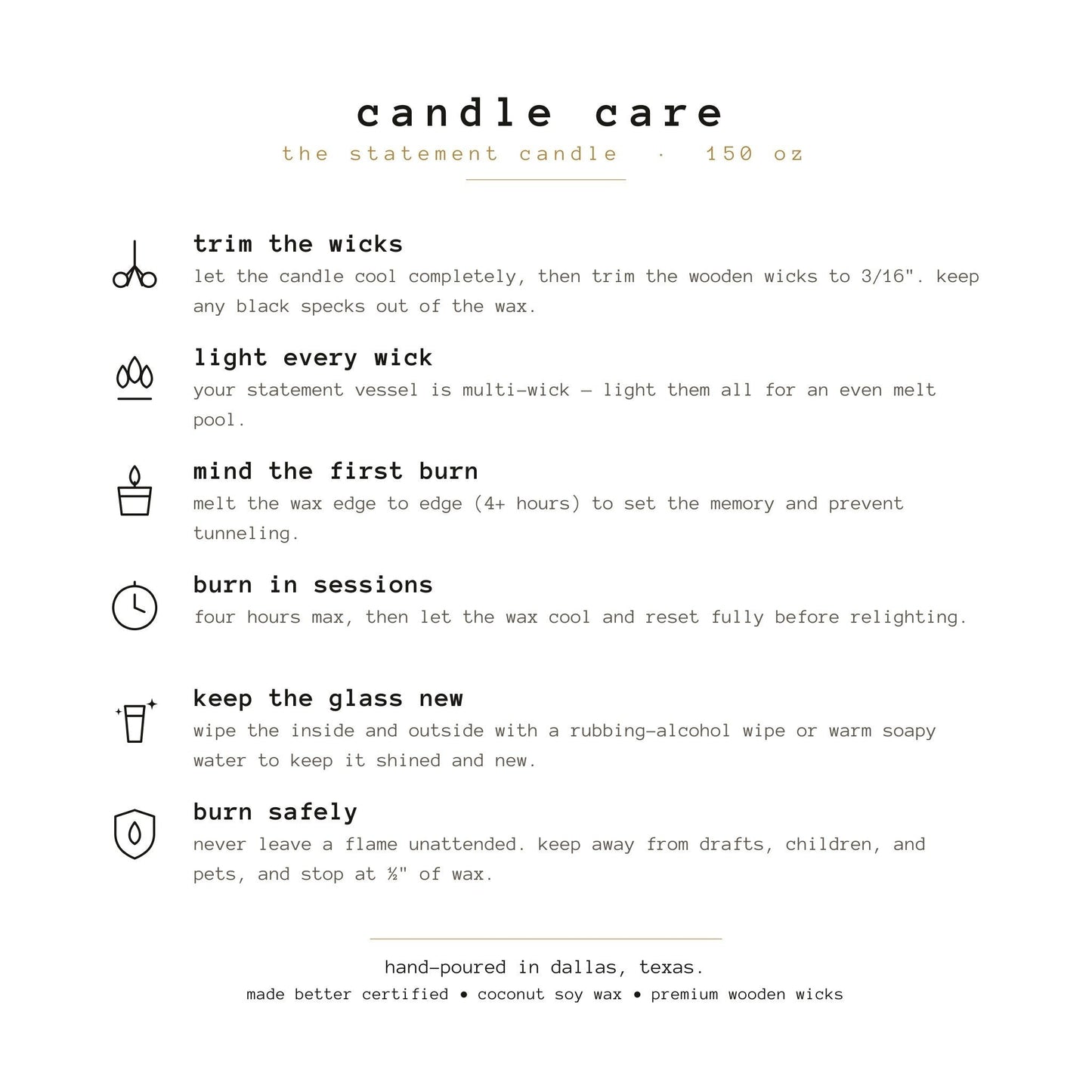 Flame Society Co. candle care guide for 150 oz statement candle with instructions on wick trimming and safe burning.