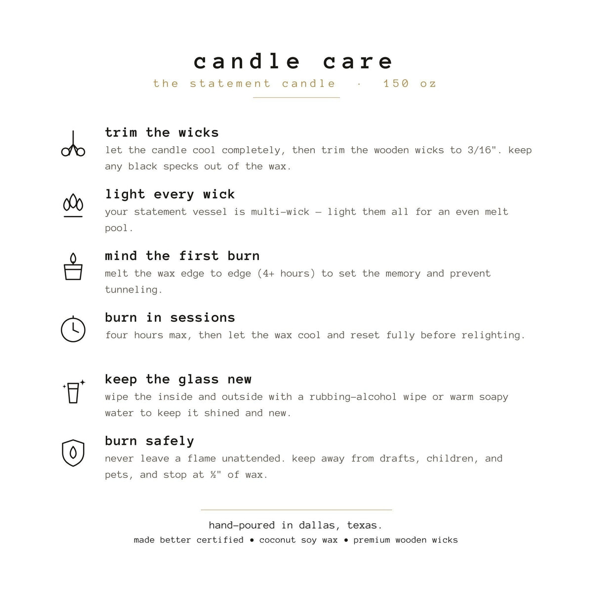 Flame Society Co. candle care guide — wick trimming and safe burning instructions