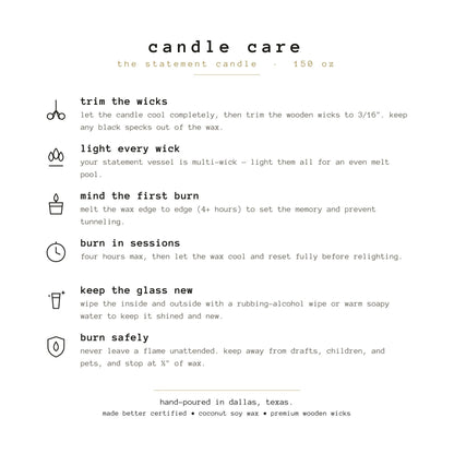 Flame Society Co. candle care guide — wick trimming and safe burning instructions.