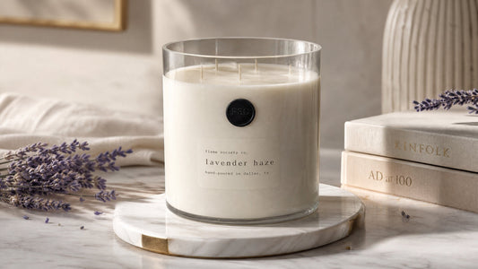 Flame Society Co. Big + Bougie 150oz Lavender Haze statement candle in a clear glass vessel with lavender stems and books on marble.