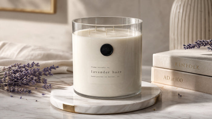 Flame Society Co. Big + Bougie 150oz Lavender Haze statement candle in a clear glass vessel with lavender stems and books on marble.