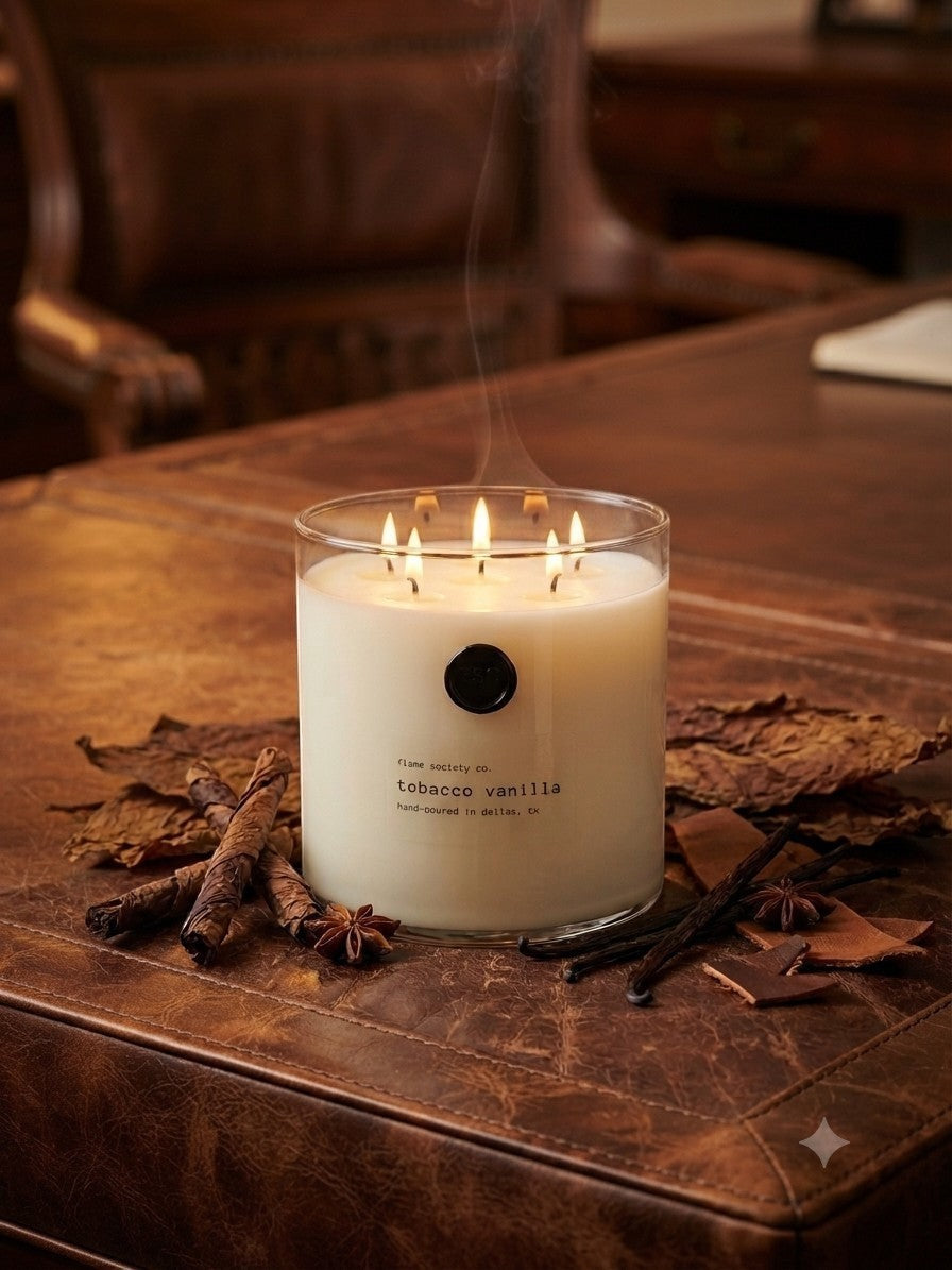 Flame Society Co. oversized tobacco vanilla statement candle in a clear glass vessel with multiple burning wicks.