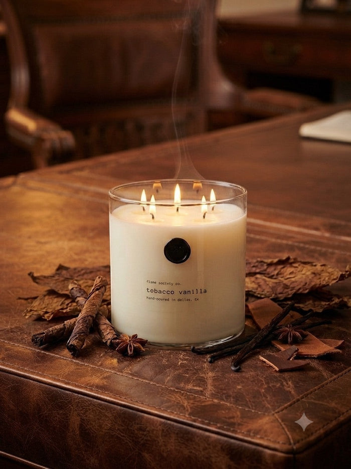 Flame Society Co. Big + Bougie 150oz Vanilla Tobacco statement candle in a clear glass vessel with multiple burning wicks.