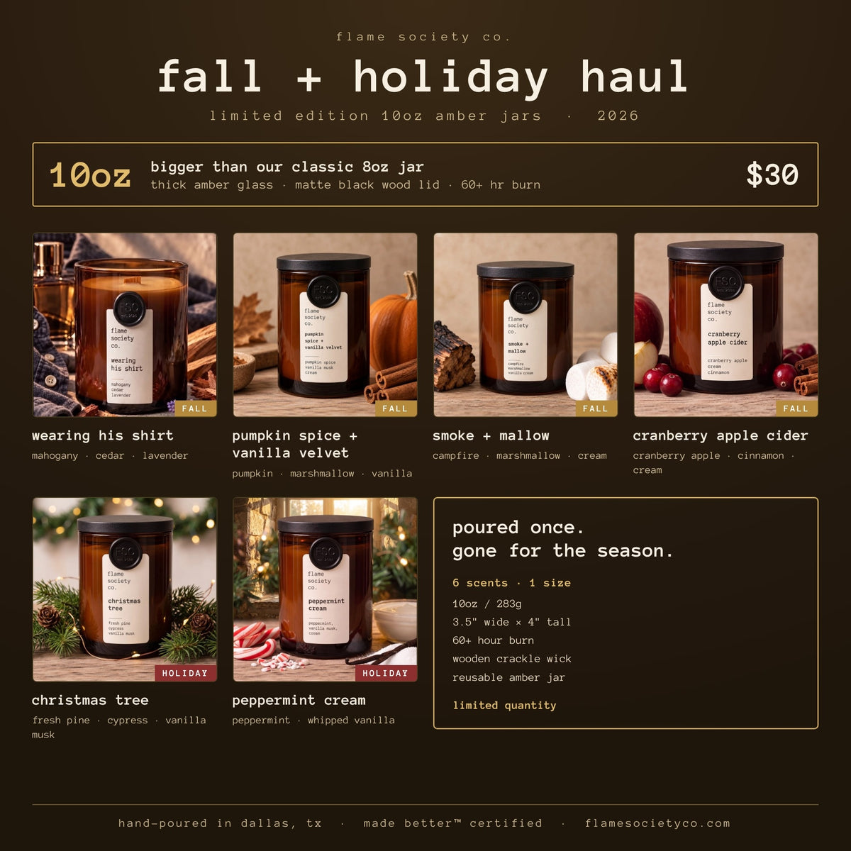 Fall + Holiday Haul - all 6 limited edition 10oz amber jar candles, bigger than our classic 8oz jar, $30 - Flame Society Co.