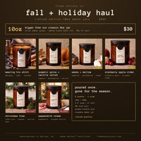 Fall + Holiday Haul - all 6 limited edition 10oz amber jar candles, bigger than our classic 8oz jar, $30 - Flame Society Co.