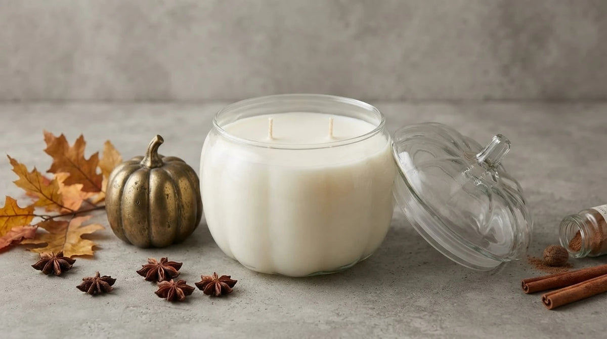 Clear glass pumpkin jar candle with lid resting beside it, cream coco soy wax and double cotton wick, styled with autumn leaves and star anise — Flame Society Co.