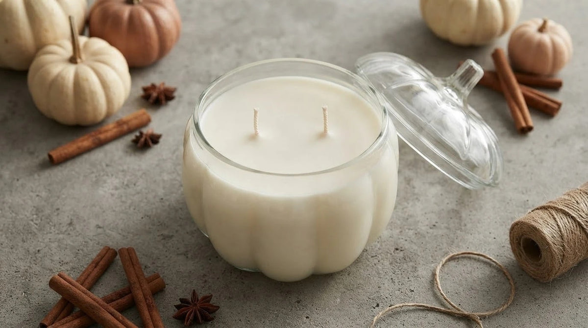 Clear glass pumpkin jar candle styled with white mini pumpkins, cinnamon sticks and twine on concrete — Flame Society Co.