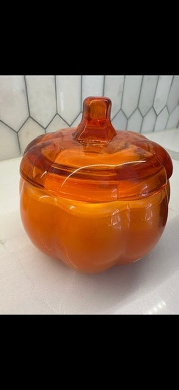 Orange translucent glass pumpkin jar with fitted lid and glass stem handle — Flame Society Co. reusable candle vessel