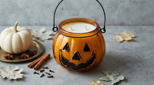 Jack-o'-lantern pumpkin candle in amber glass with carved face and iron handle, styled with cinnamon, cloves and autumn leaves — Flame Society Co.