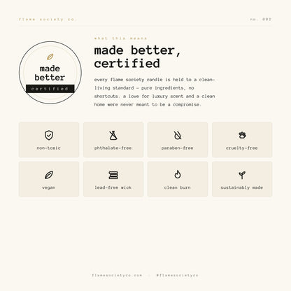 Made Better Certified — non-toxic, phthalate-free, paraben-free, cruelty-free, vegan, lead-free wick, clean burn — Flame Society Co.