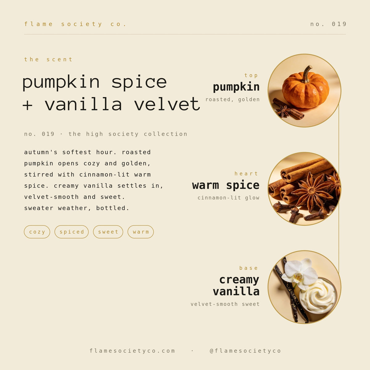 Pumpkin Spice + Vanilla Velvet scent card no. 019 — roasted pumpkin top, warm spice heart, creamy vanilla base — Flame Society Co.