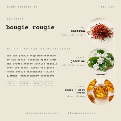 Bougie Rougie scent card: saffron, jasmine, amber + soft woods — no. 540, the high society collection — Flame Society Co.