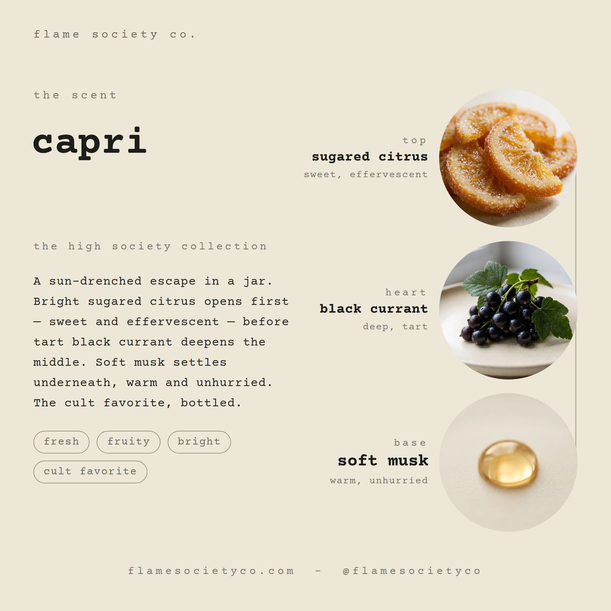 Capri scent card: sugared citrus, black currant, soft musk — the high society collection — Flame Society Co.