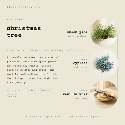 Christmas Tree scent card: fresh pine, cypress, vanilla musk — seasonal holiday collection — Flame Society Co.