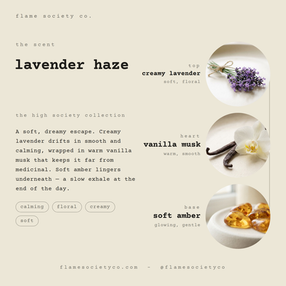 Lavender Haze scent card: creamy lavender, vanilla musk, soft amber — the high society collection — Flame Society Co.