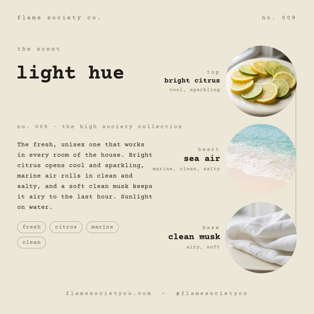 Light Hue scent card: bright citrus, sea air, clean musk — no. 009, the high society collection — Flame Society Co.