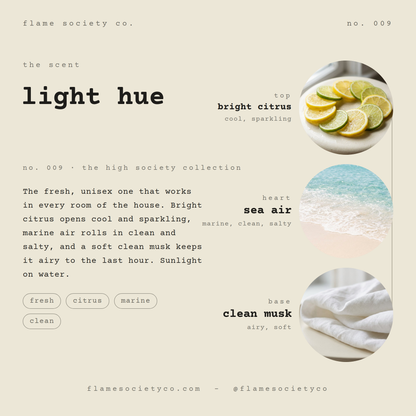 Light Hue scent card: bright citrus, sea air, clean musk — no. 009, the high society collection — Flame Society Co.