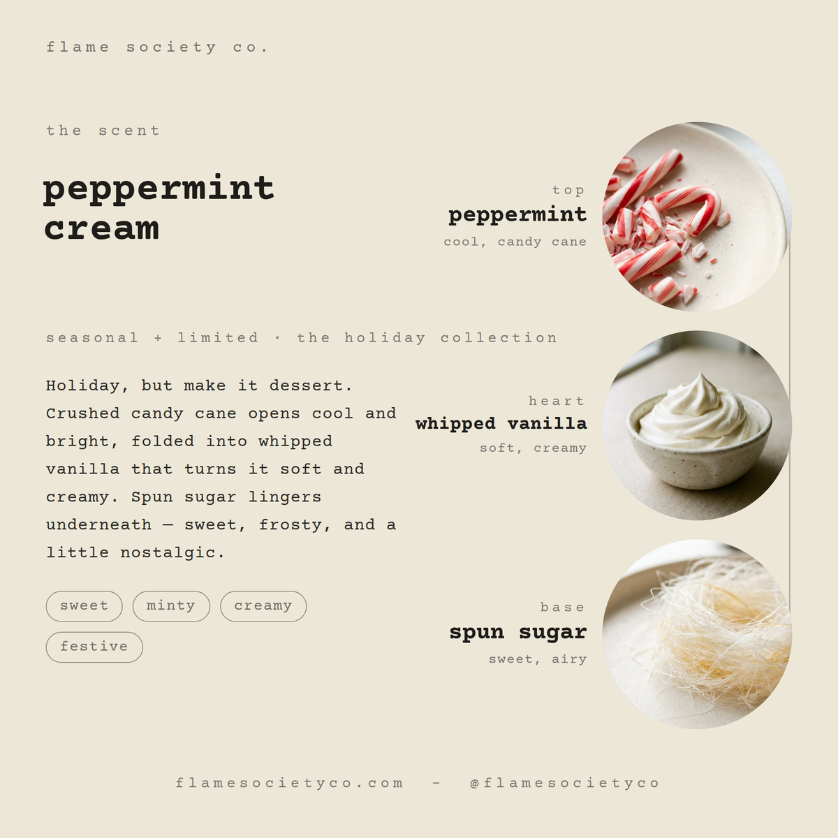 Peppermint Cream scent card: peppermint, whipped vanilla, spun sugar — seasonal holiday collection — Flame Society Co.