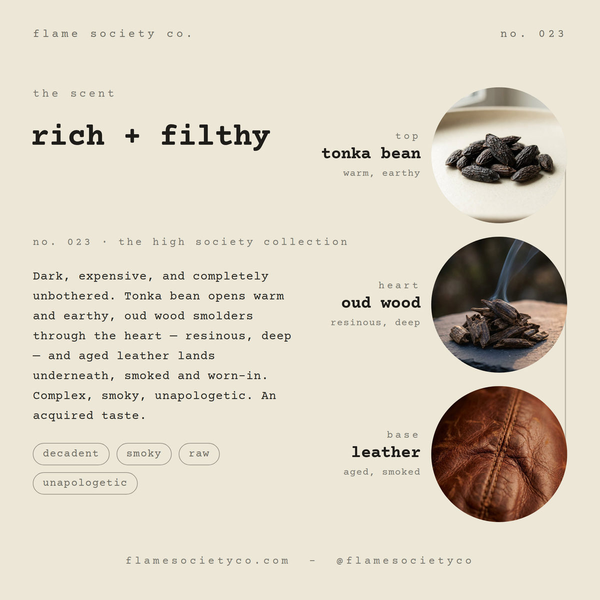 Rich + Filthy scent card: tonka bean, oud wood, leather — no. 023, the high society collection — Flame Society Co.