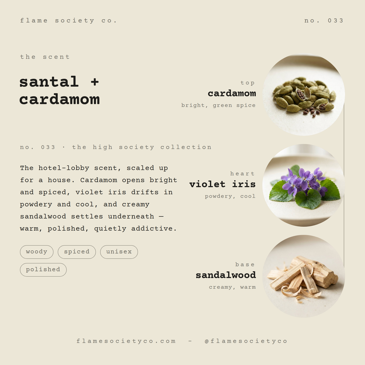 Santal + Cardamom scent card: cardamom, violet iris, sandalwood — no. 033, the high society collection — Flame Society Co.