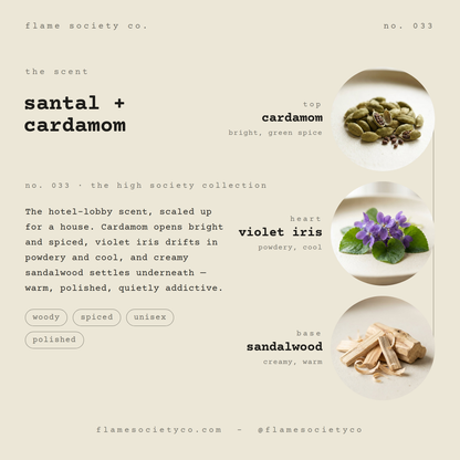 Santal + Cardamom scent card: cardamom, violet iris, sandalwood — no. 033, the high society collection — Flame Society Co.