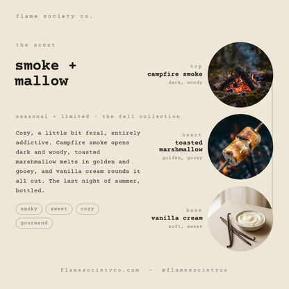 Smoke + Mallow scent card: campfire smoke, toasted marshmallow, vanilla cream — seasonal fall collection — Flame Society Co.
