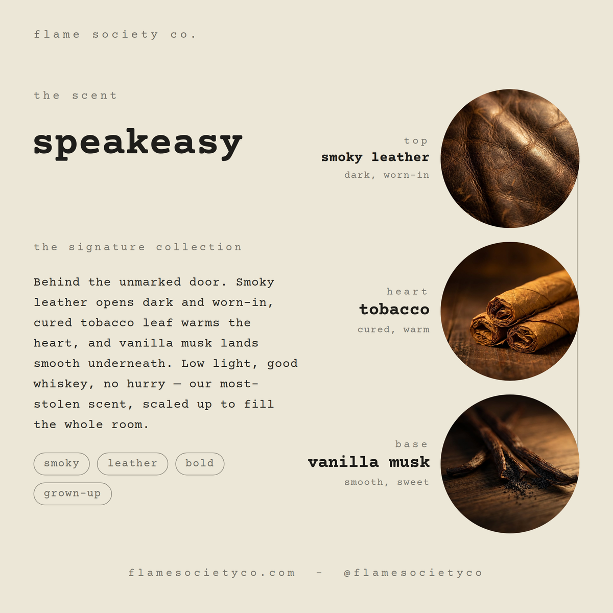 Speakeasy scent card: smoky leather, tobacco, vanilla musk — the signature collection — Flame Society Co.
