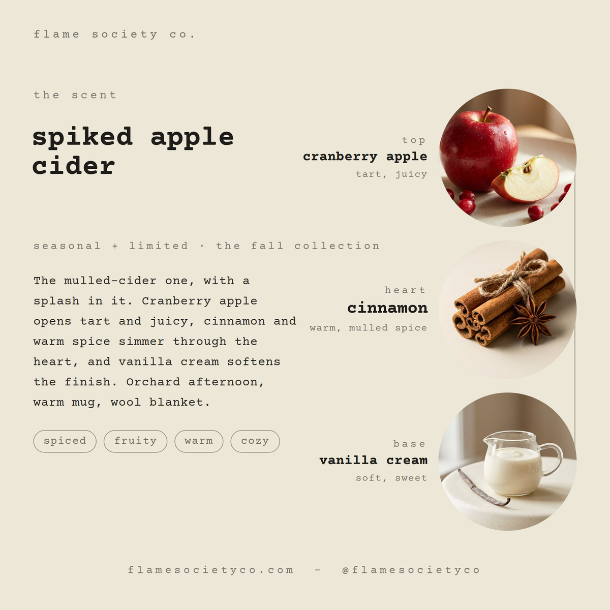 Spiked Apple Cider scent card: cranberry apple, cinnamon, vanilla cream — seasonal fall collection — Flame Society Co.