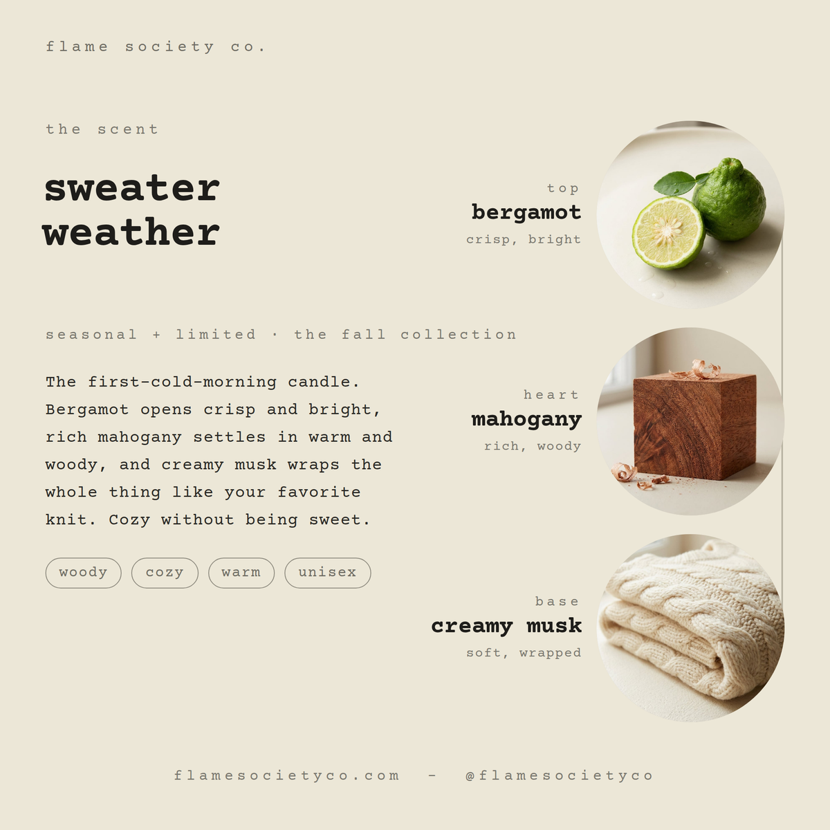 Sweater Weather scent card: bergamot, mahogany, creamy musk — seasonal fall collection — Flame Society Co.