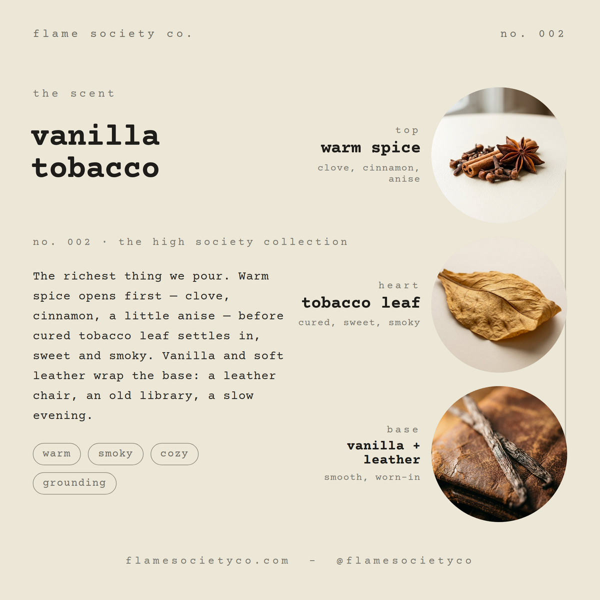 Vanilla Tobacco scent card: warm spice, tobacco leaf, vanilla + leather — no. 002, the high society collection — Flame Society Co.