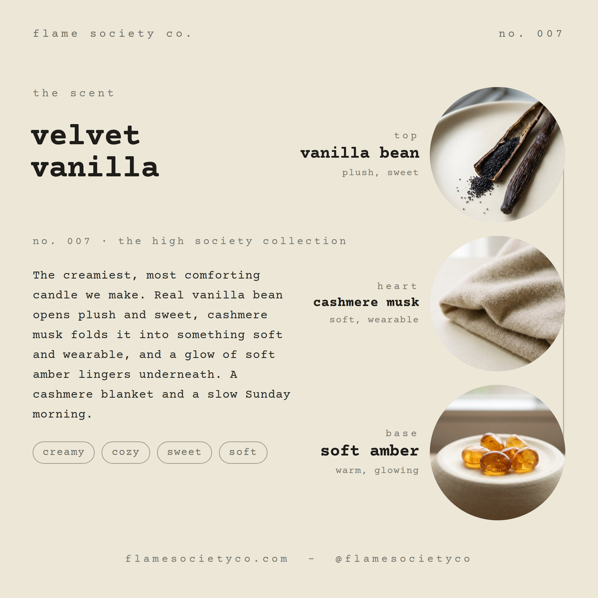 Velvet Vanilla scent card: vanilla bean, cashmere musk, soft amber — no. 007, the high society collection — Flame Society Co.