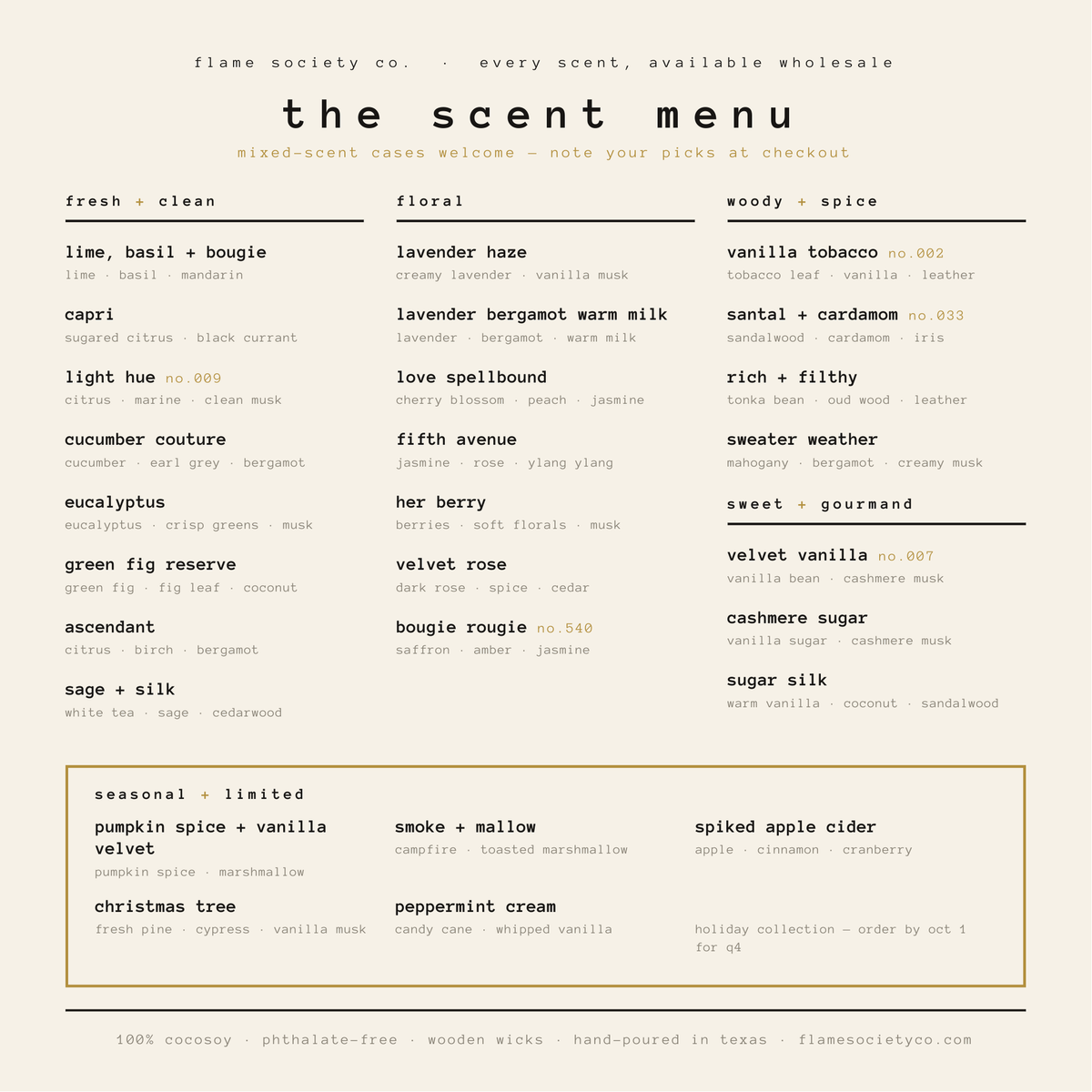 Flame Society Co. wholesale scent menu — 30 signature and High Society fragrances available by the case