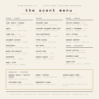 Flame Society Co. wholesale scent menu — 30 signature and High Society fragrances available by the case