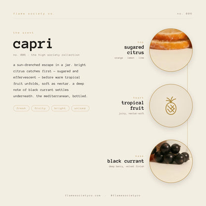 Capri Candle: Sugared Citrus, Tropical Fruit, Black Currant Fragrance