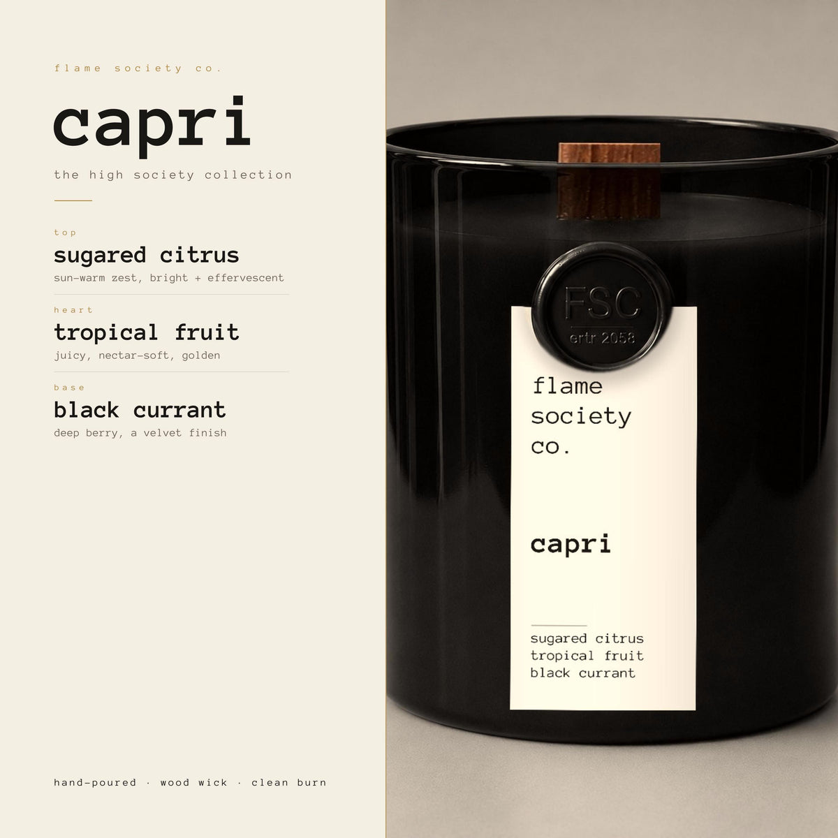 Capri Candle: Sugared Citrus, Tropical Fruit, Black Currant Fragrance