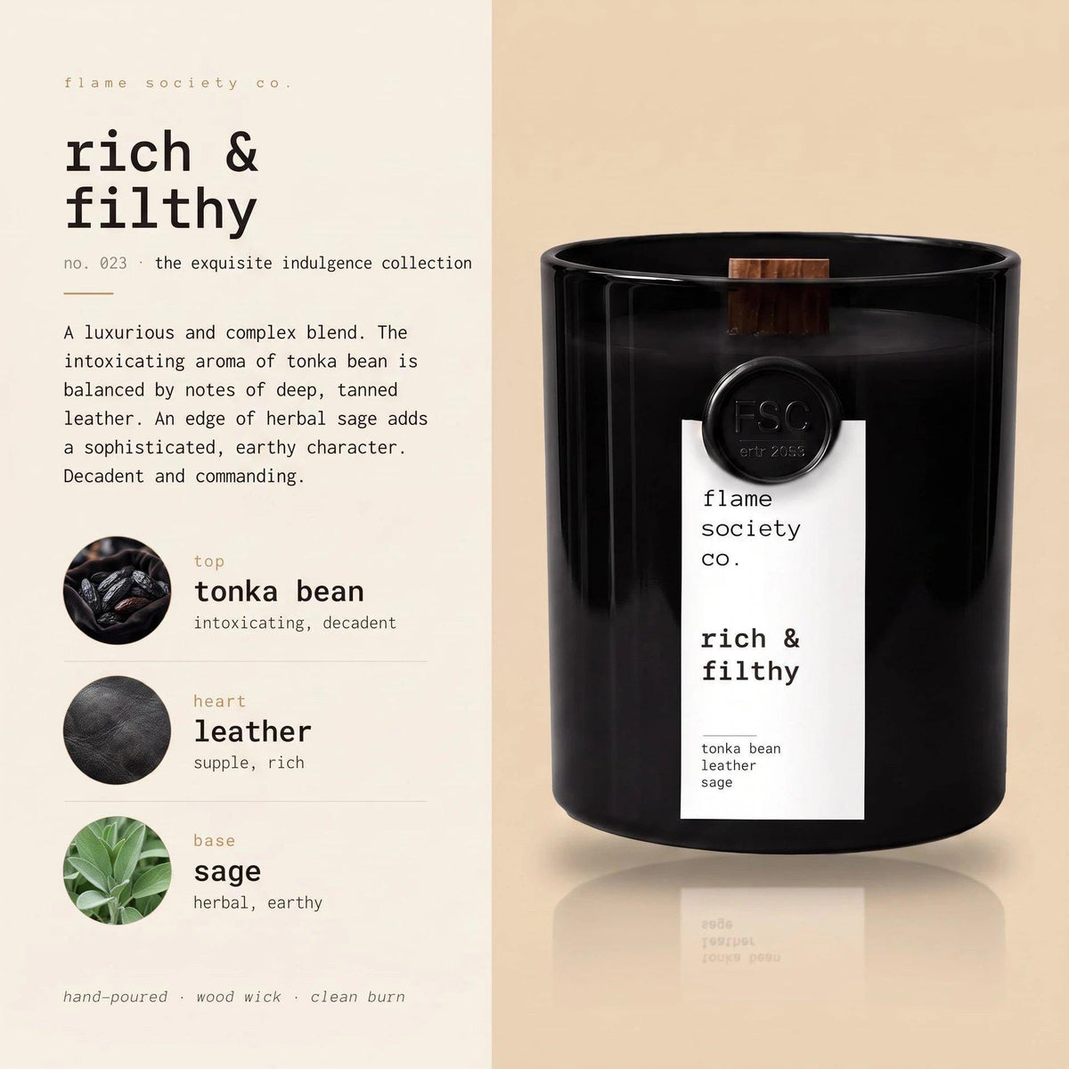 Rich and Filthy | Tonka Bean, Leather & Sage Candle | Bold Luxury CocoSoy Candle