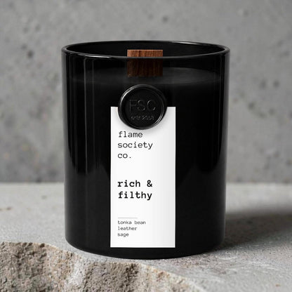 Rich and Filthy | Tonka Bean, Leather & Sage Candle | Bold Luxury CocoSoy Candle