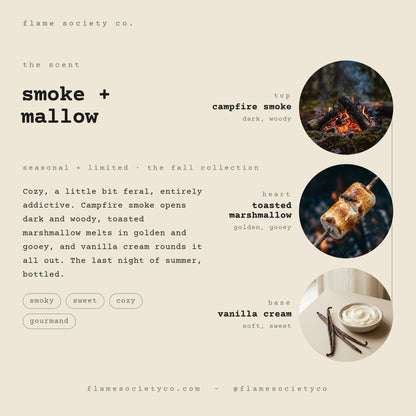 Smoke + Mallow Candle | Campfire, Toasted Marshmallow, Vanilla Cream | Cozy Fall Luxury Coconut Soy Candle