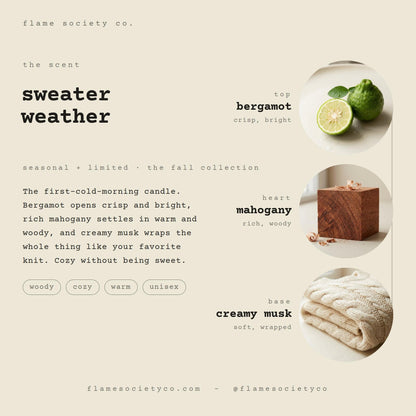 Sweater Weather 10oz Amber Jar Candle | Limited Edition Fall Candle, Black Wood Lid | Bergamot, Mahogany, Creamy musk