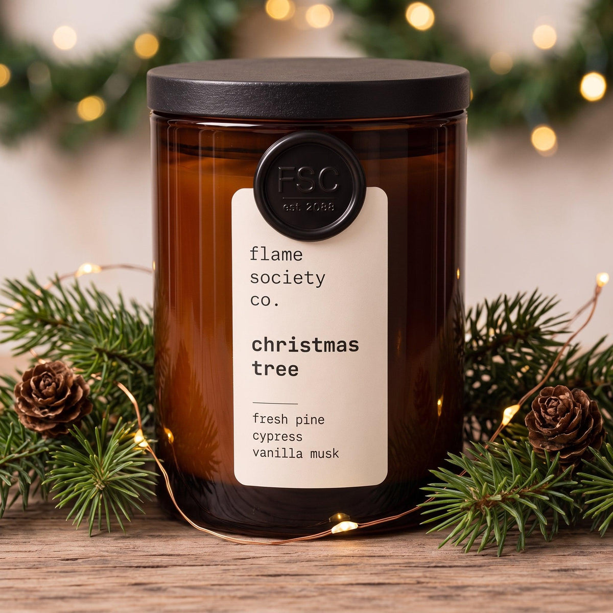 Christmas Tree 10oz Amber Jar Candle | Limited Edition Holiday Candle, Black Wood Lid | Fresh pine, Cypress, Vanilla musk